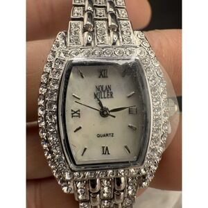 Nolan Miller Watch Woman Pave Analog Silver Tone Snap Signed NEEDS BATTERY